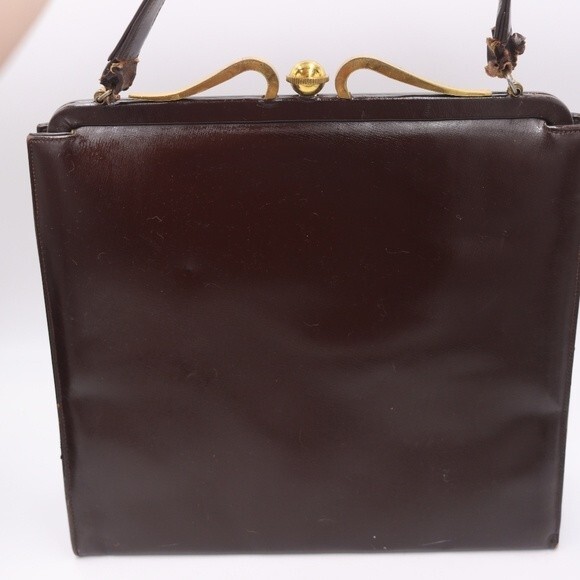 Vintage 1960s Large Brown Leather Handbag Gold Frame Kiss Lock Purse - Picture 11 of 16